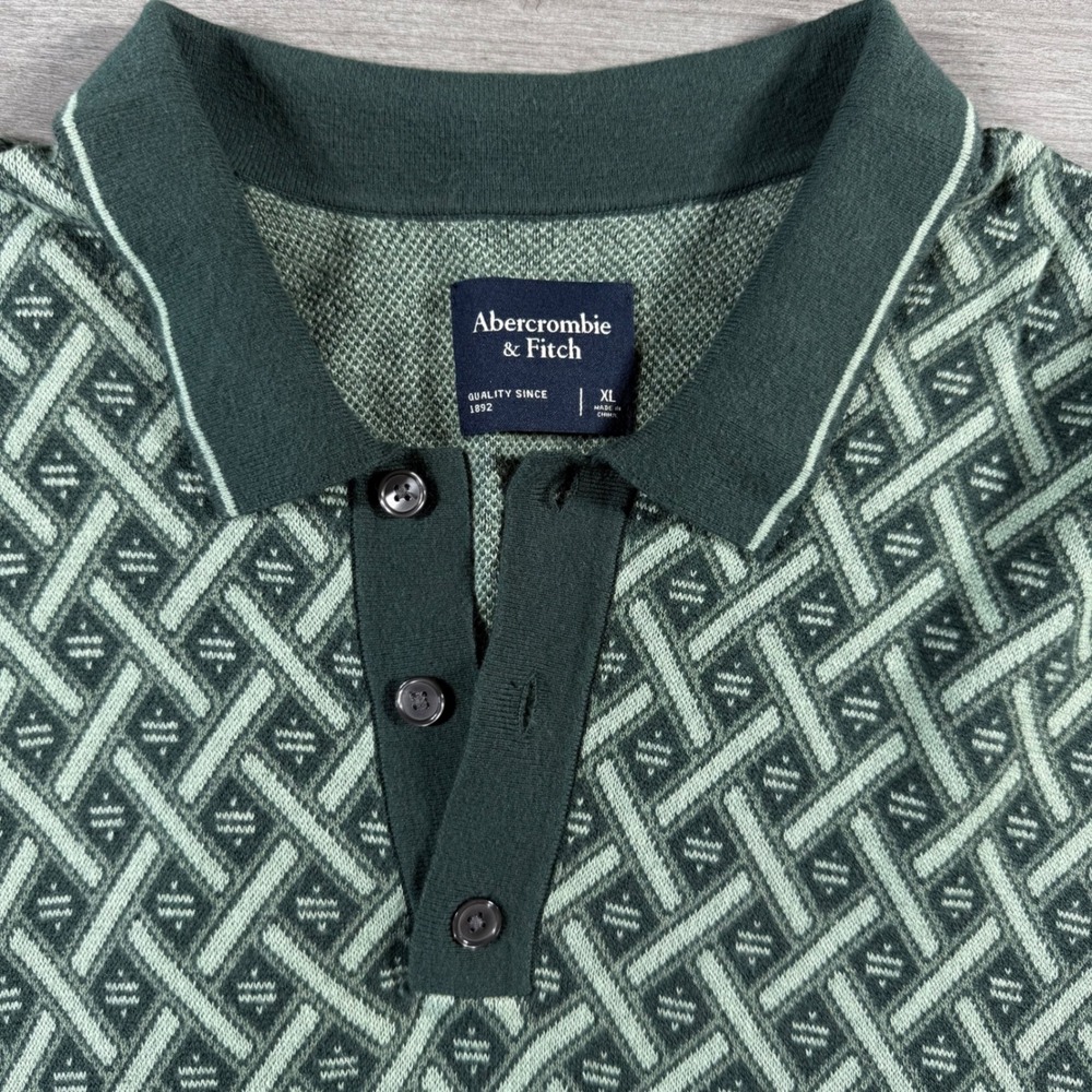 Abercrombie & Fitch Knit Polo XL Green Geometric Lattice Short Sleeve Sweater - Picture 4 of 6